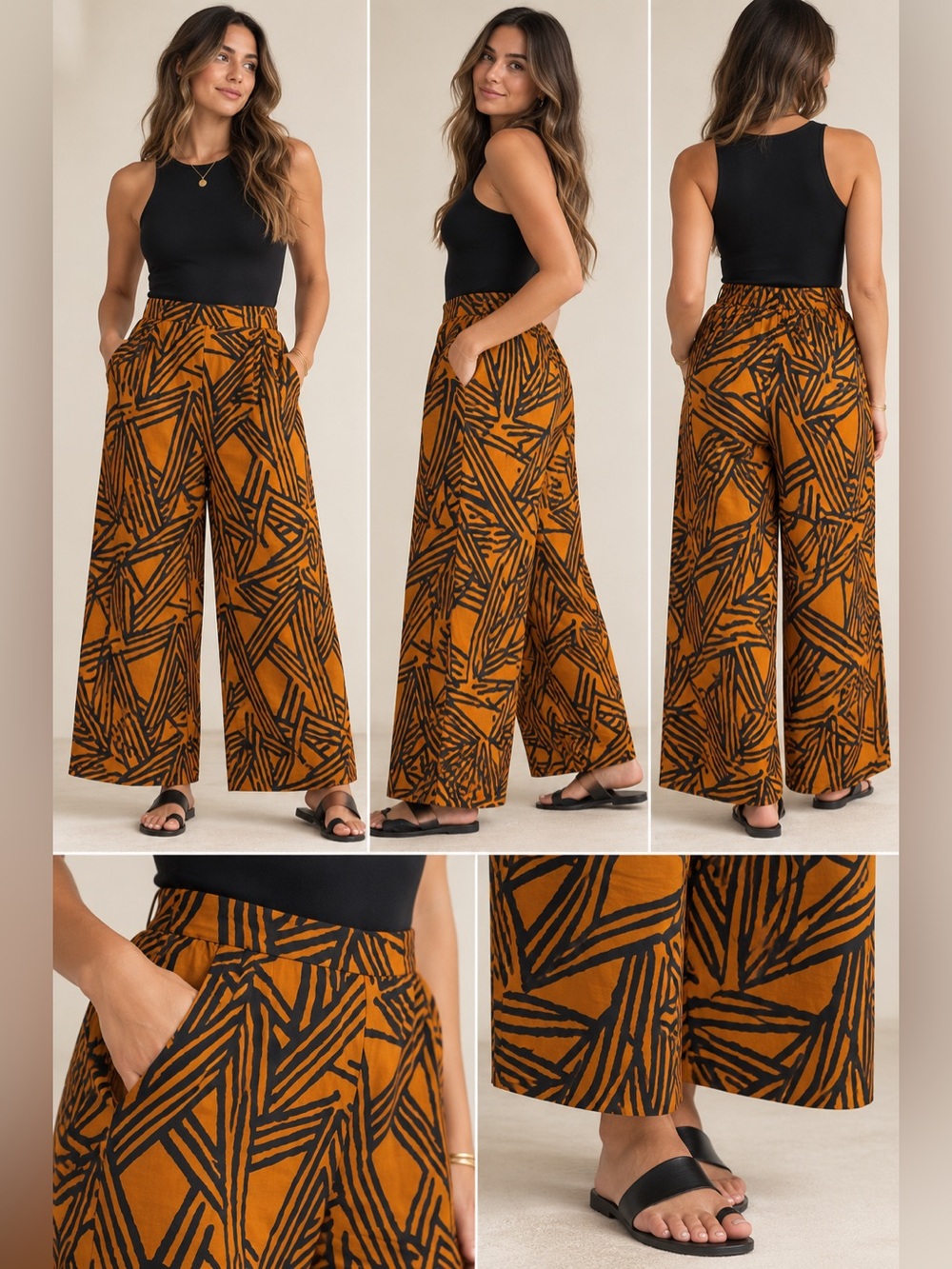 Lisa Bayne Wide Leg Pants L Orange Black Abstract Art to Wear